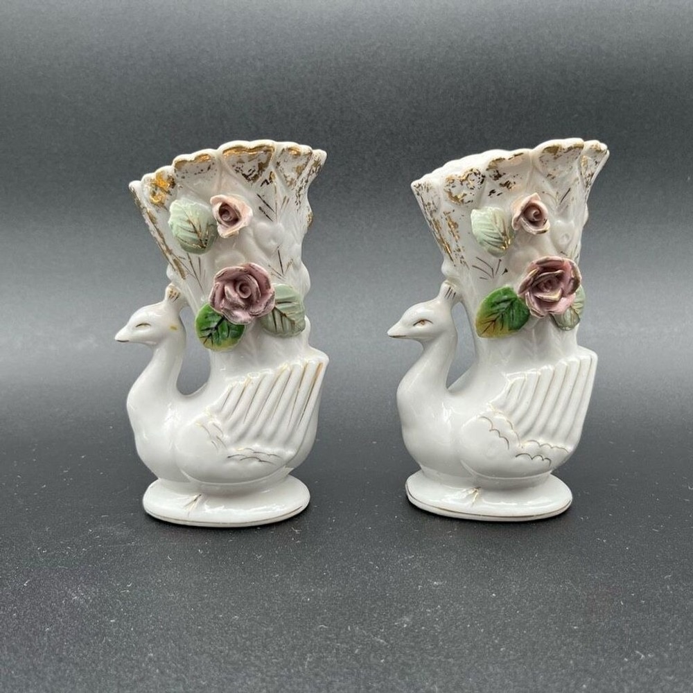 Vintage‎ Peacock Vase Set of 2 Porcelain With Applied Flowers Roses Gold Accent